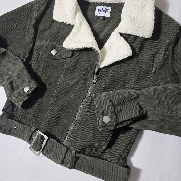 Vylette Green Corduroy Crop Jacket Sherpa Collar Womens Size Small - Picture 4 of 7